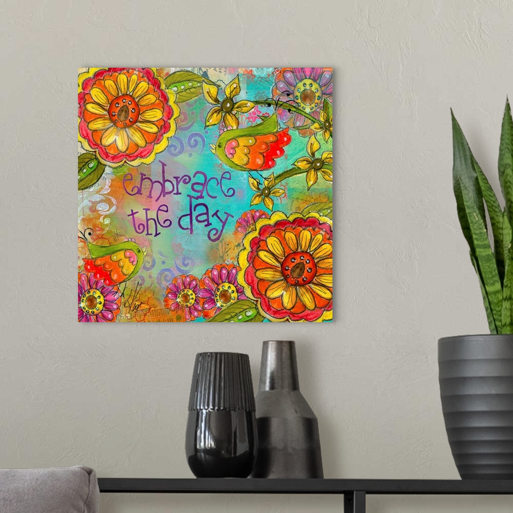 A modern room featuring A brightly colored nature collage will enliven your decor.