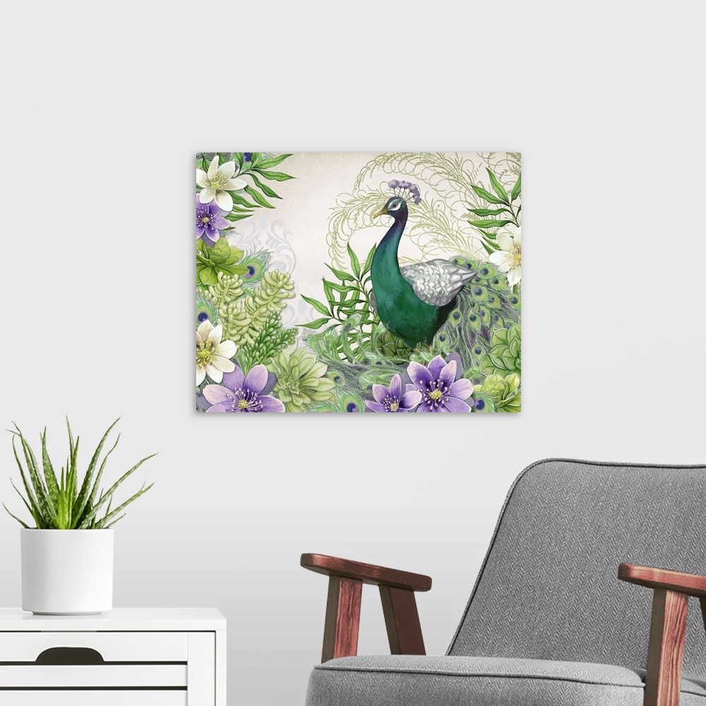 A modern room featuring The proud peacock adds a decorative flourish to any decor!