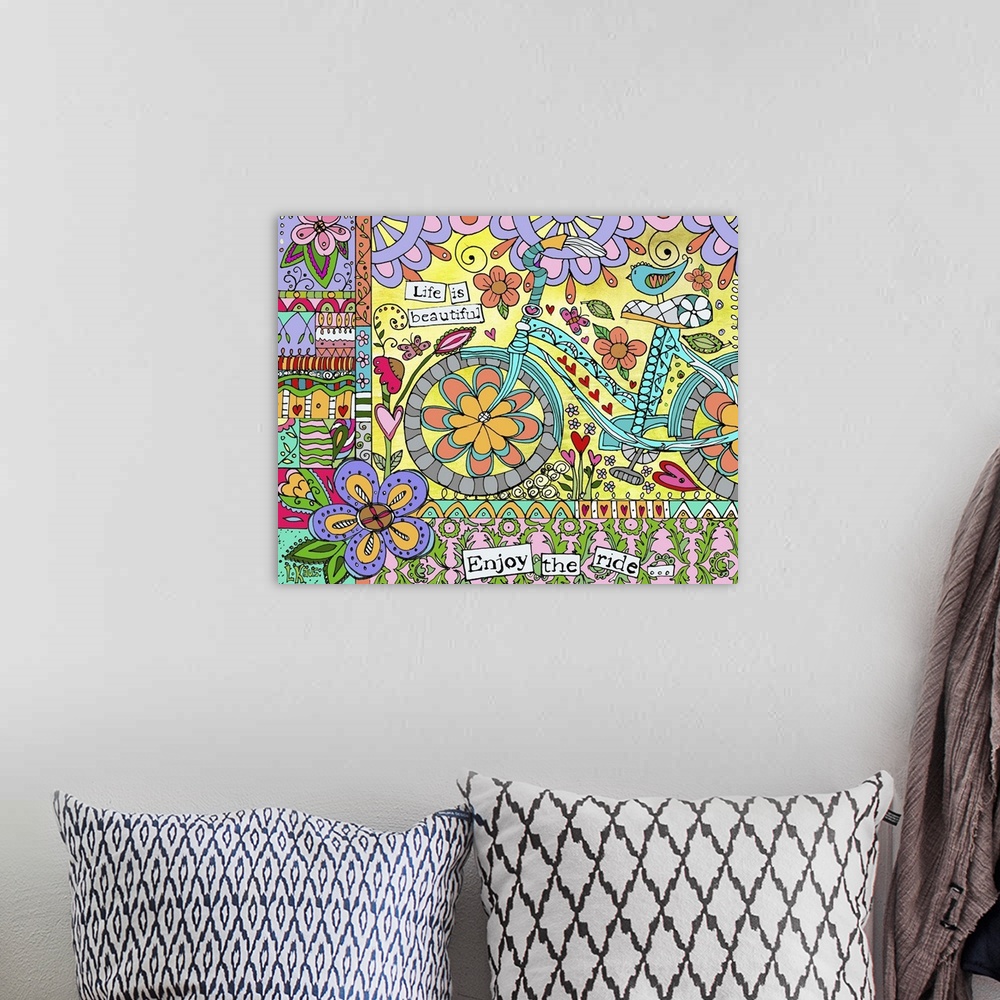 A bohemian room featuring Enjoy the ride with this whimsical bike art!