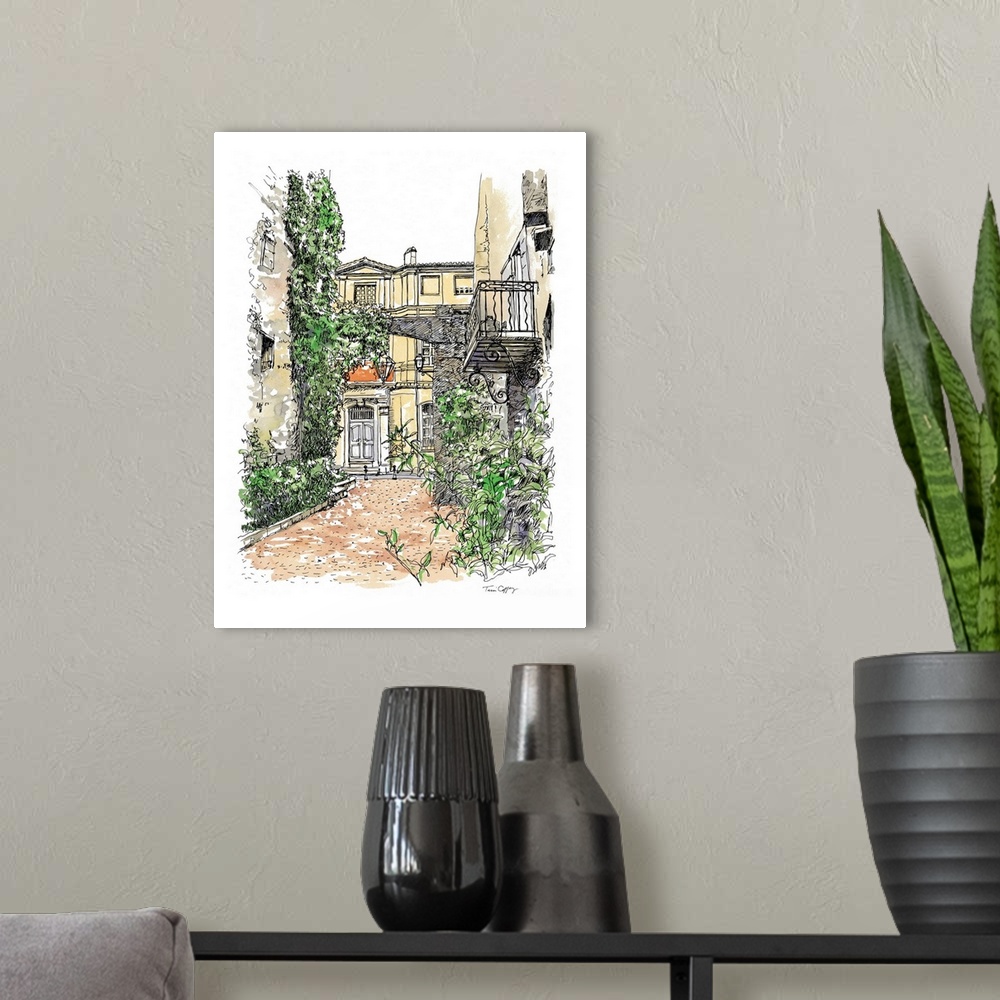A modern room featuring A lovely pen and ink depiction of a European back street.