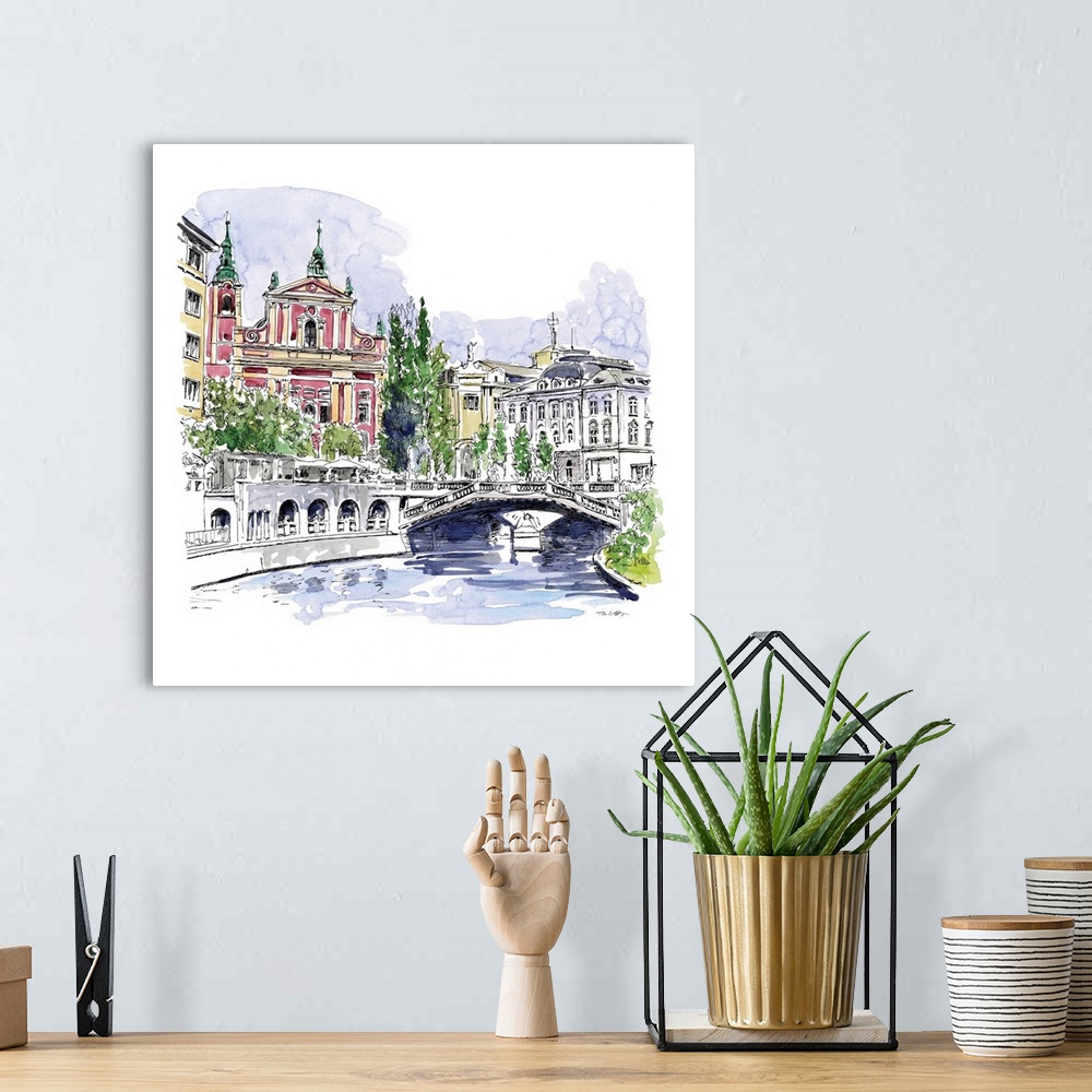 A bohemian room featuring A lovely pen and ink depiction of a European bridge