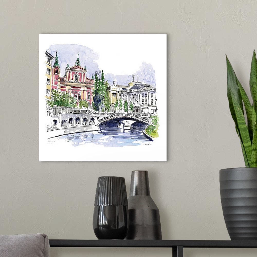 A modern room featuring A lovely pen and ink depiction of a European bridge