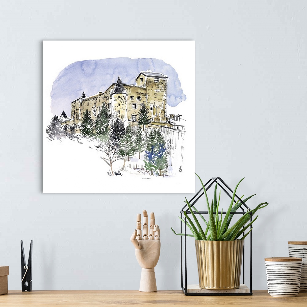 A bohemian room featuring A lovely pen and ink depiction of a European castle