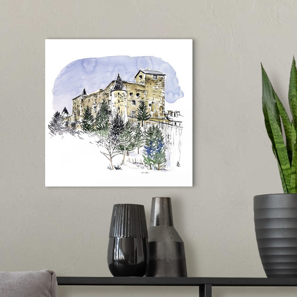 A modern room featuring A lovely pen and ink depiction of a European castle
