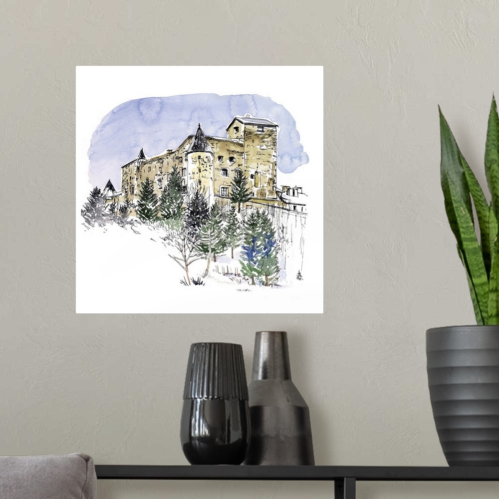A modern room featuring A lovely pen and ink depiction of a European castle