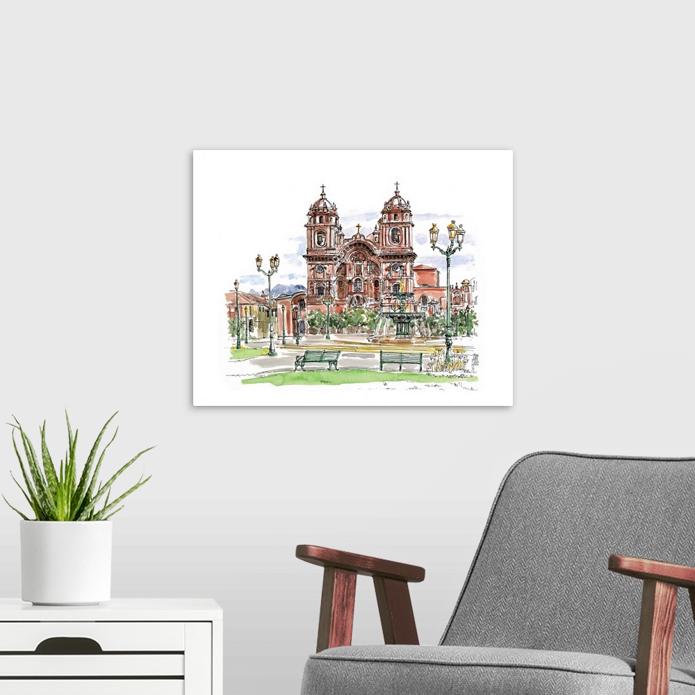A modern room featuring A lovely pen and ink depiction of a European cathedral