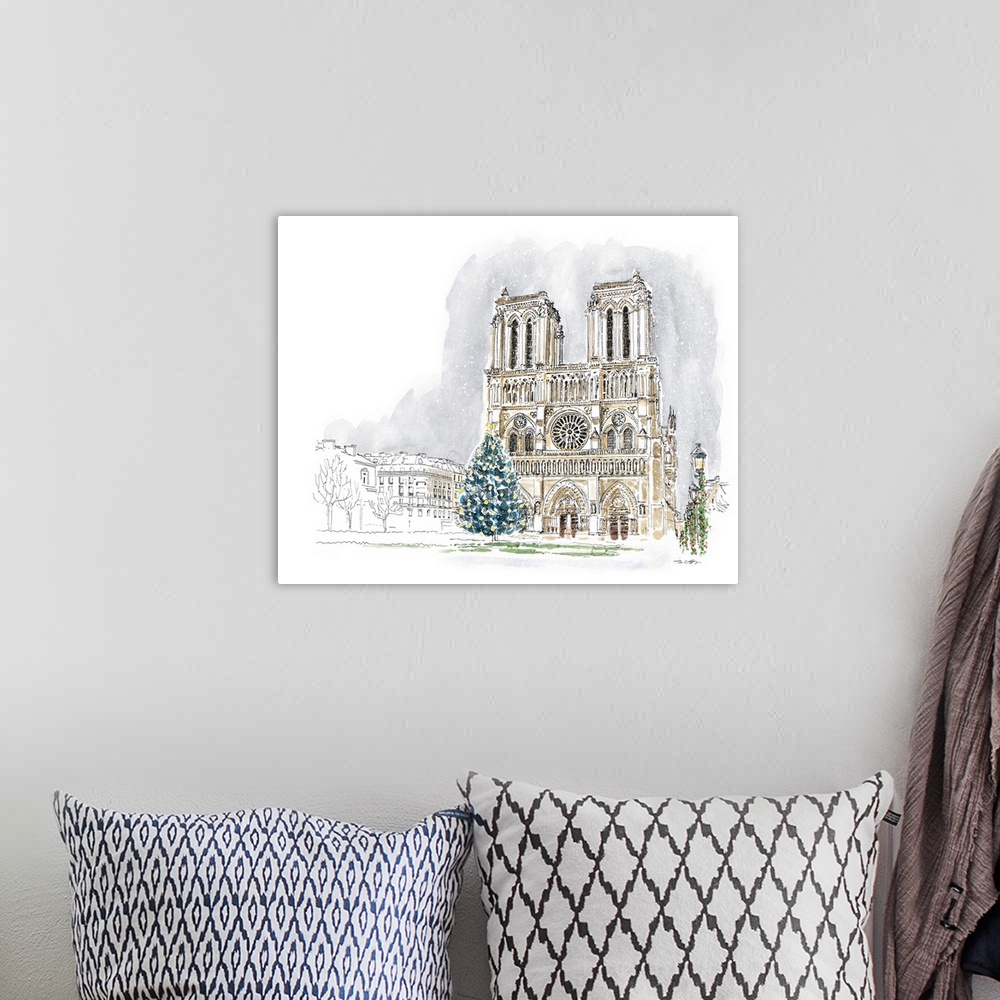A bohemian room featuring A lovely pen and ink depiction of a European cathedral at Christmas