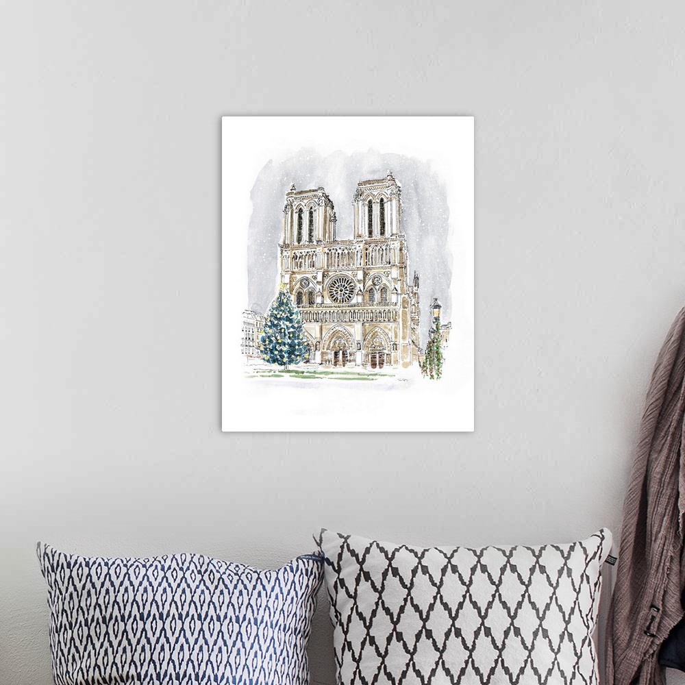 A bohemian room featuring A lovely pen and ink depiction of a European cathedral at Christmas