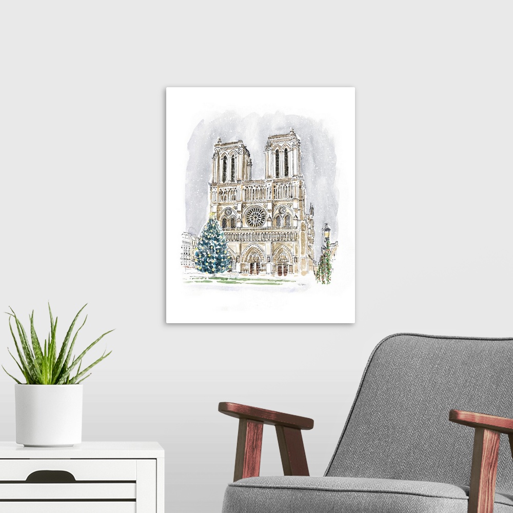 A modern room featuring A lovely pen and ink depiction of a European cathedral at Christmas