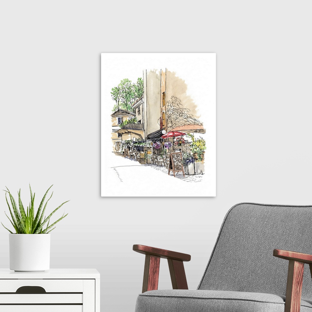 A modern room featuring A lovely pen and ink depiction of a European street scene.