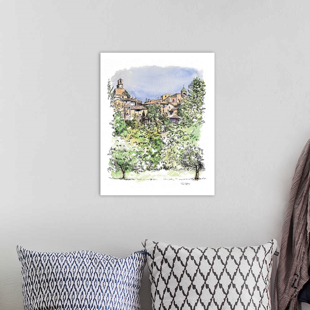 A bohemian room featuring A lovely pen and ink depiction of a countryside European village.