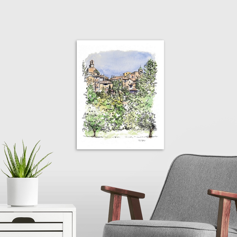 A modern room featuring A lovely pen and ink depiction of a countryside European village.