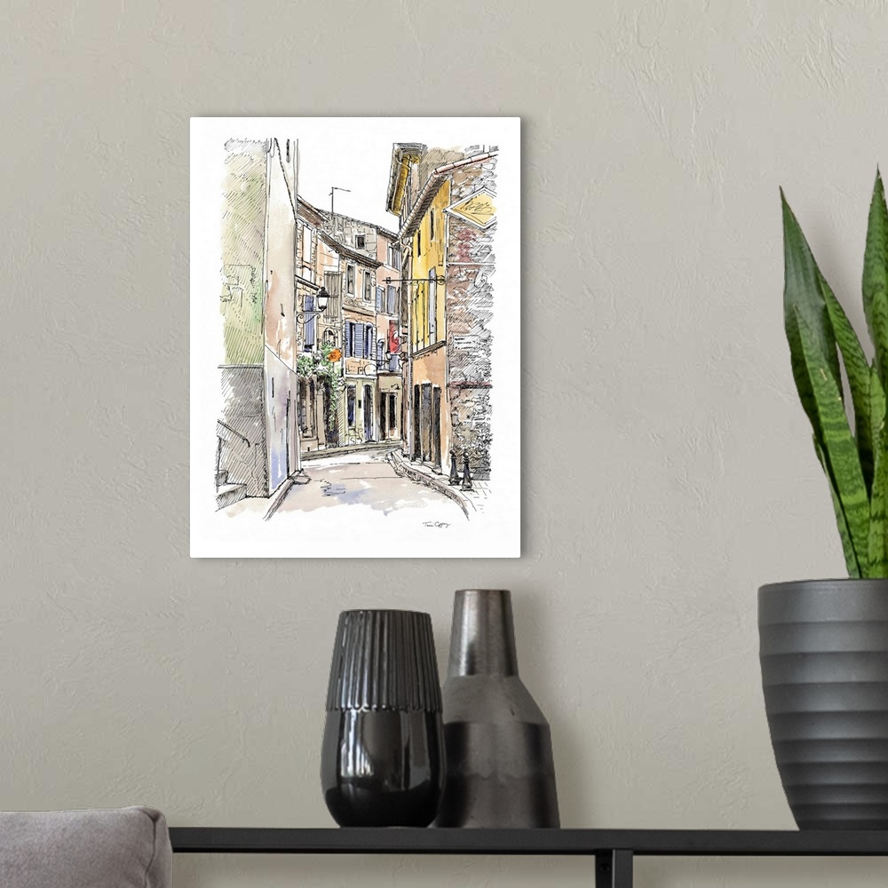 A modern room featuring A lovely pen and ink depiction of a European back alleyway.