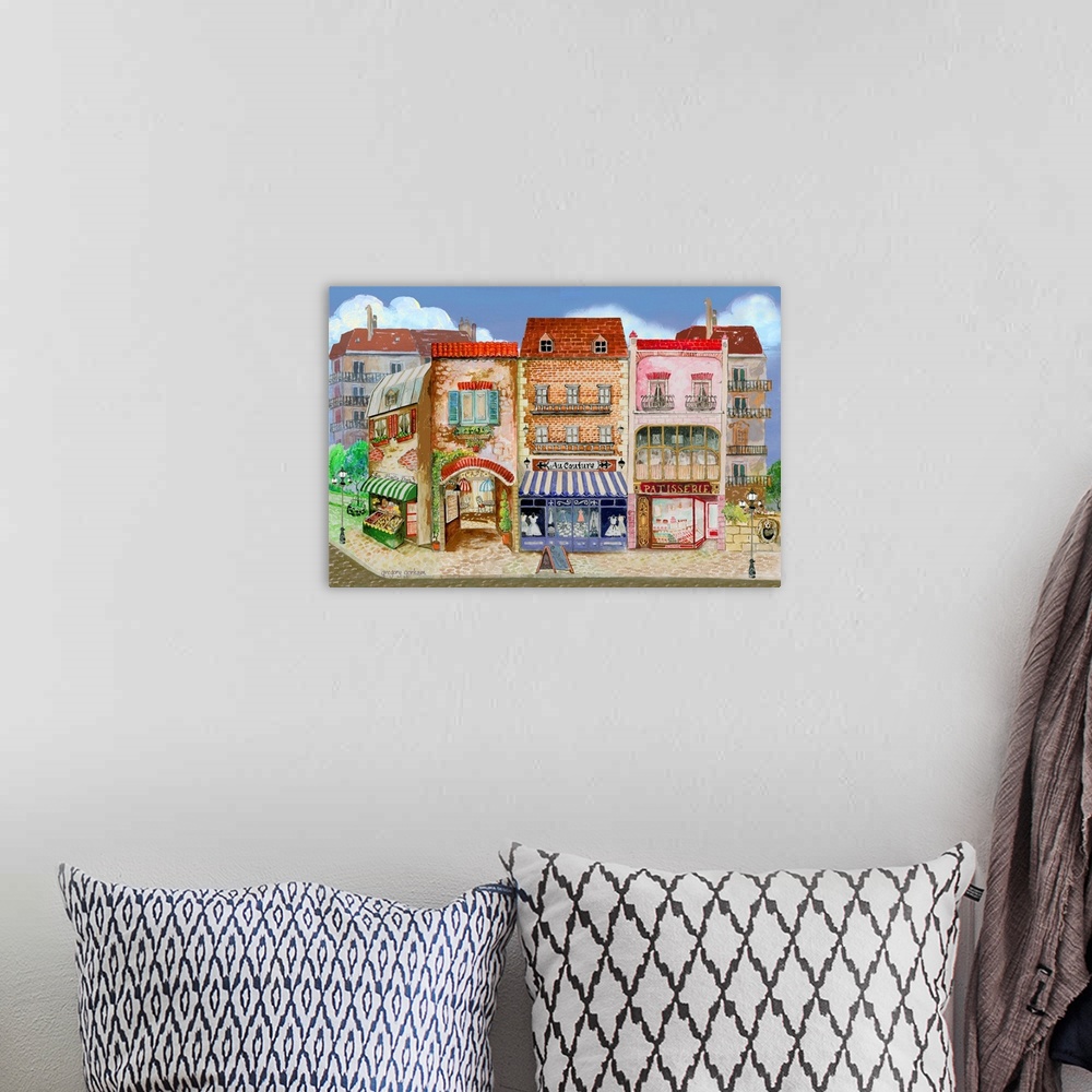 A bohemian room featuring Contemporary illustration of a street in Europe with a colorful variety of storefronts.