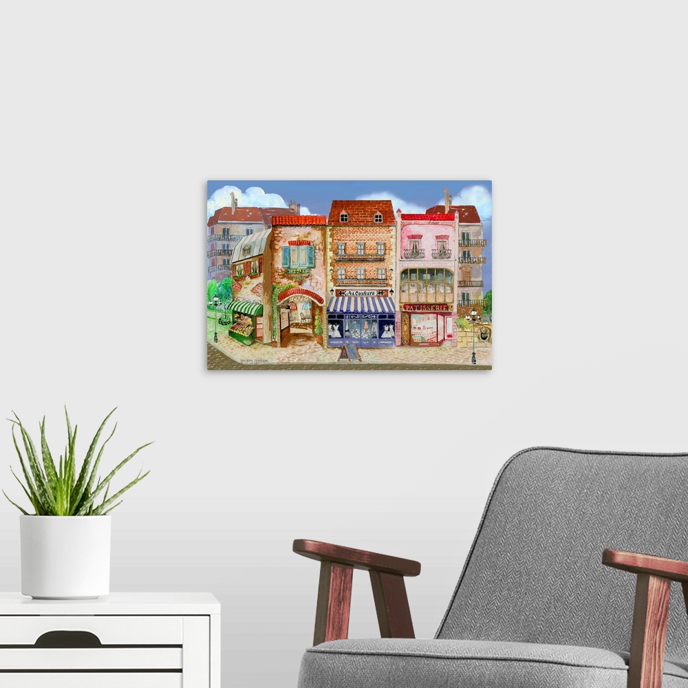 A modern room featuring Contemporary illustration of a street in Europe with a colorful variety of storefronts.