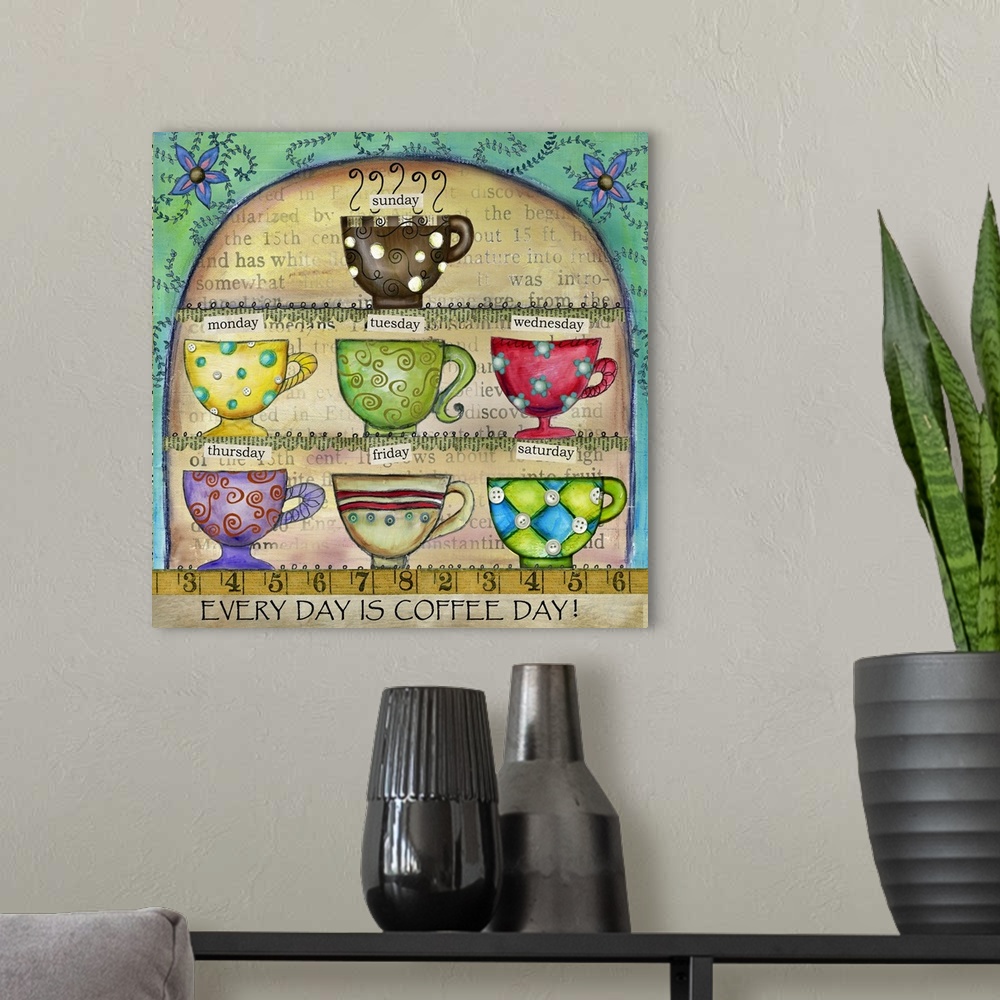 A modern room featuring Decorative artwork perfect for the kitchen of a fun calendar-themed design approach to coffee.