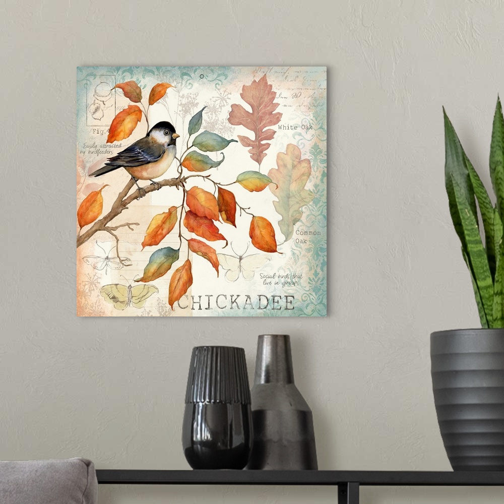 A modern room featuring Botanical bird scene captures the warmth of the autumn palette.