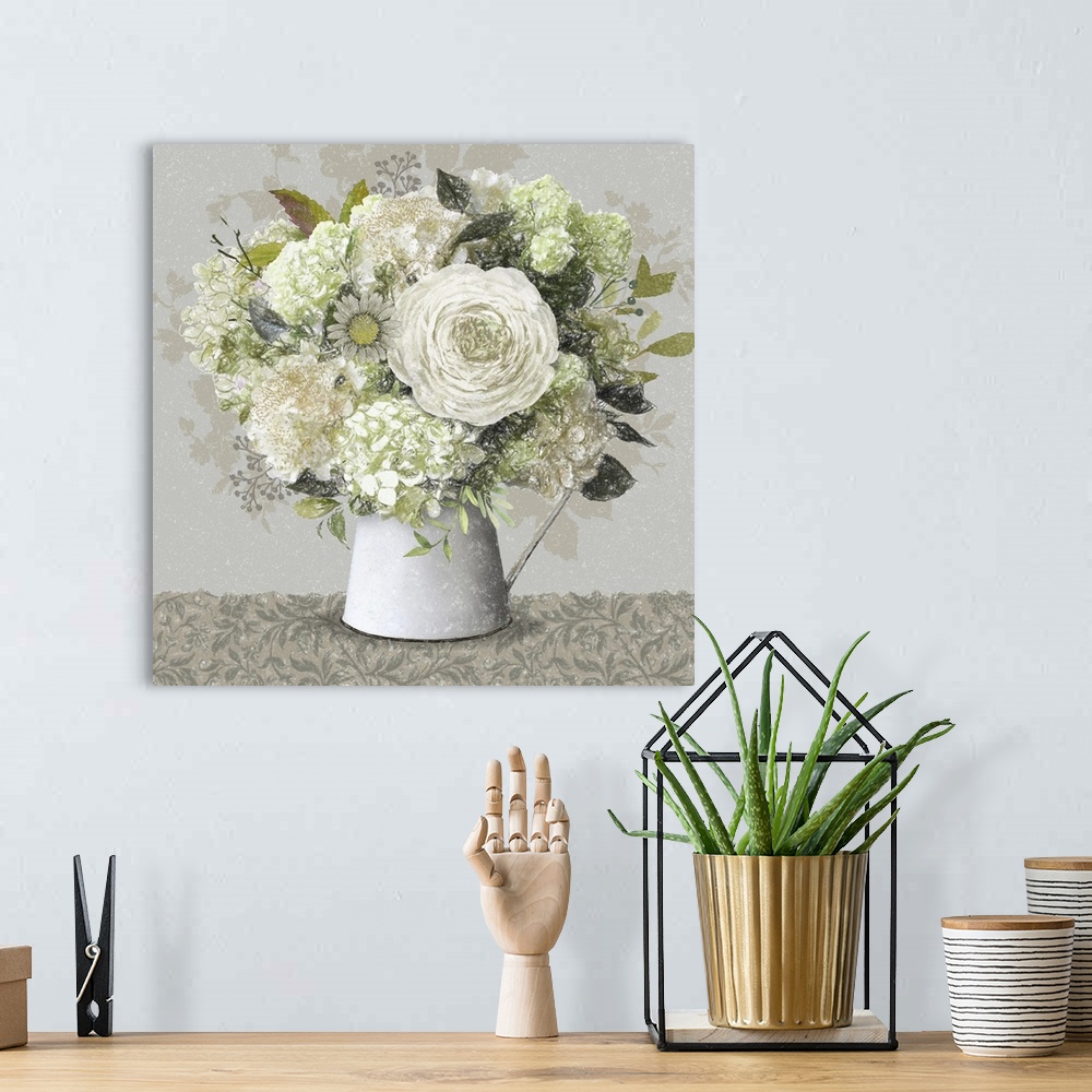A bohemian room featuring Hydrangeas in a white metal pitcher.