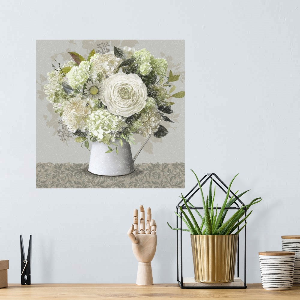 A bohemian room featuring Hydrangeas in a white metal pitcher.