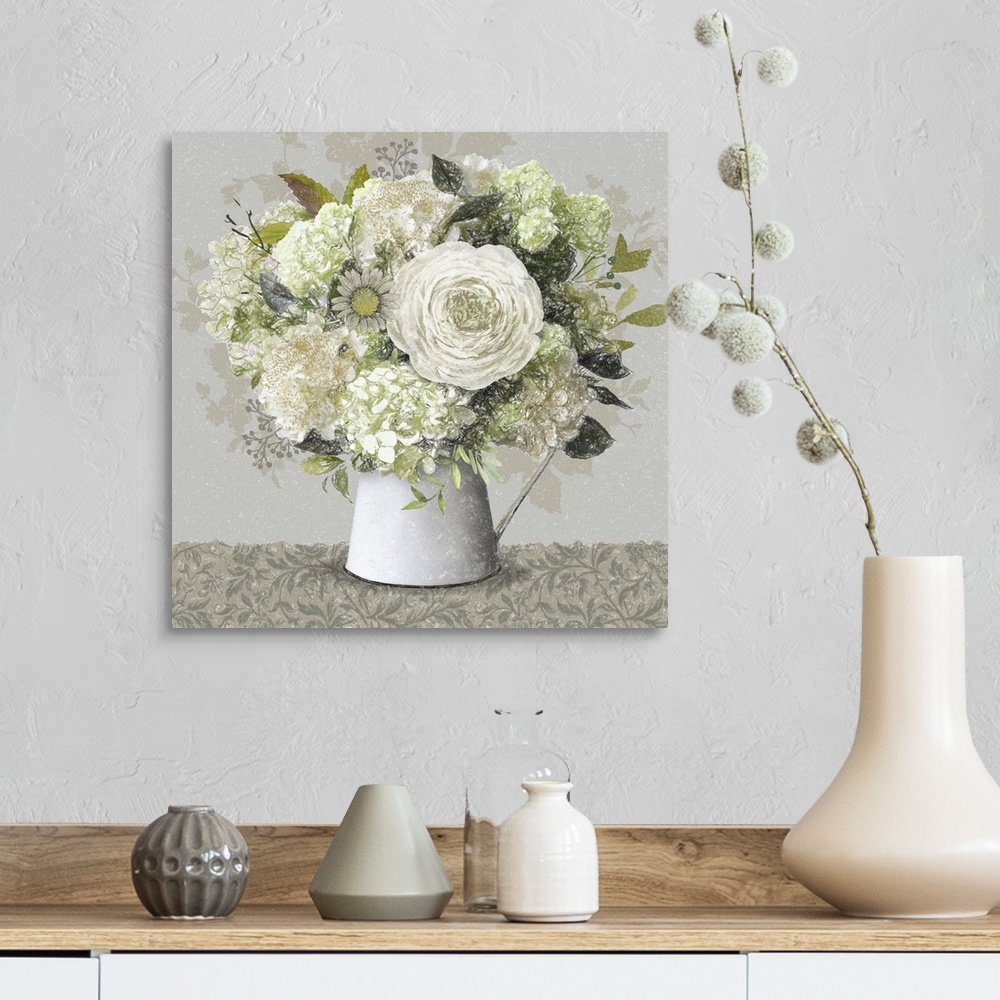 A farmhouse room featuring Hydrangeas in a white metal pitcher.