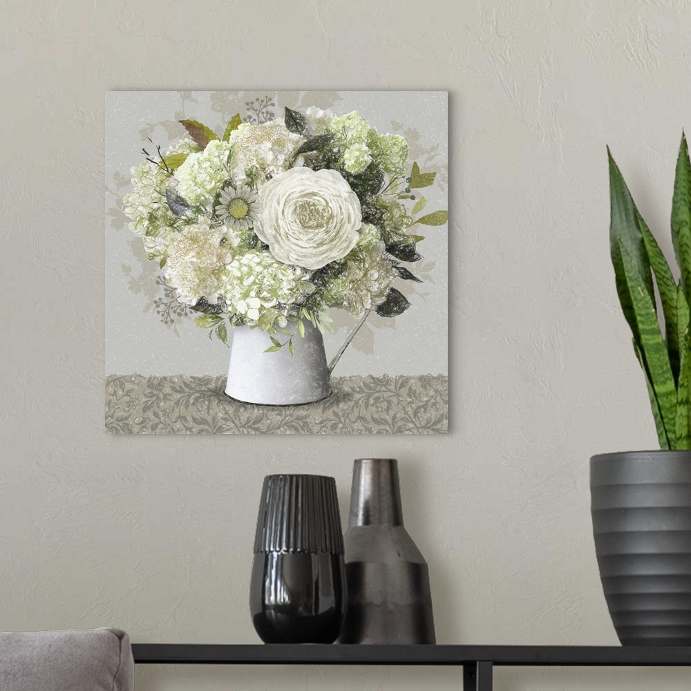 A modern room featuring Hydrangeas in a white metal pitcher.