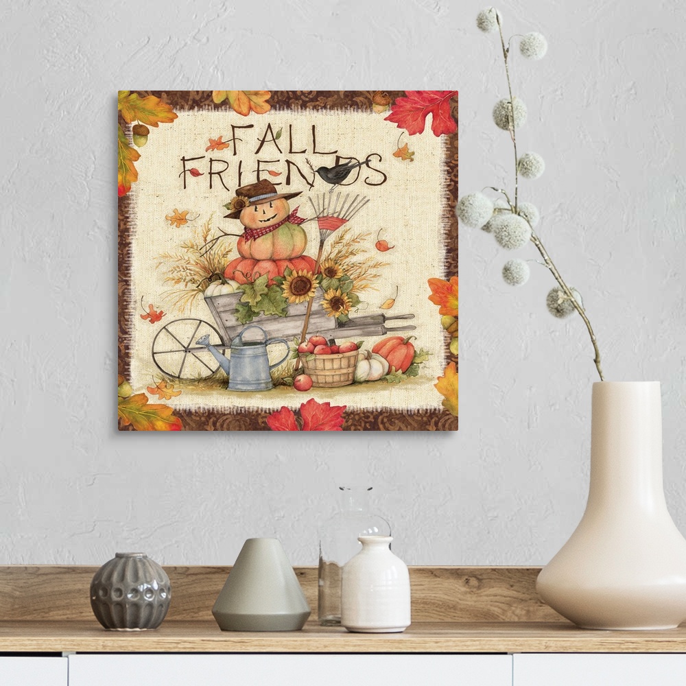 A farmhouse room featuring Charming vignette of a harvest scarecrow!