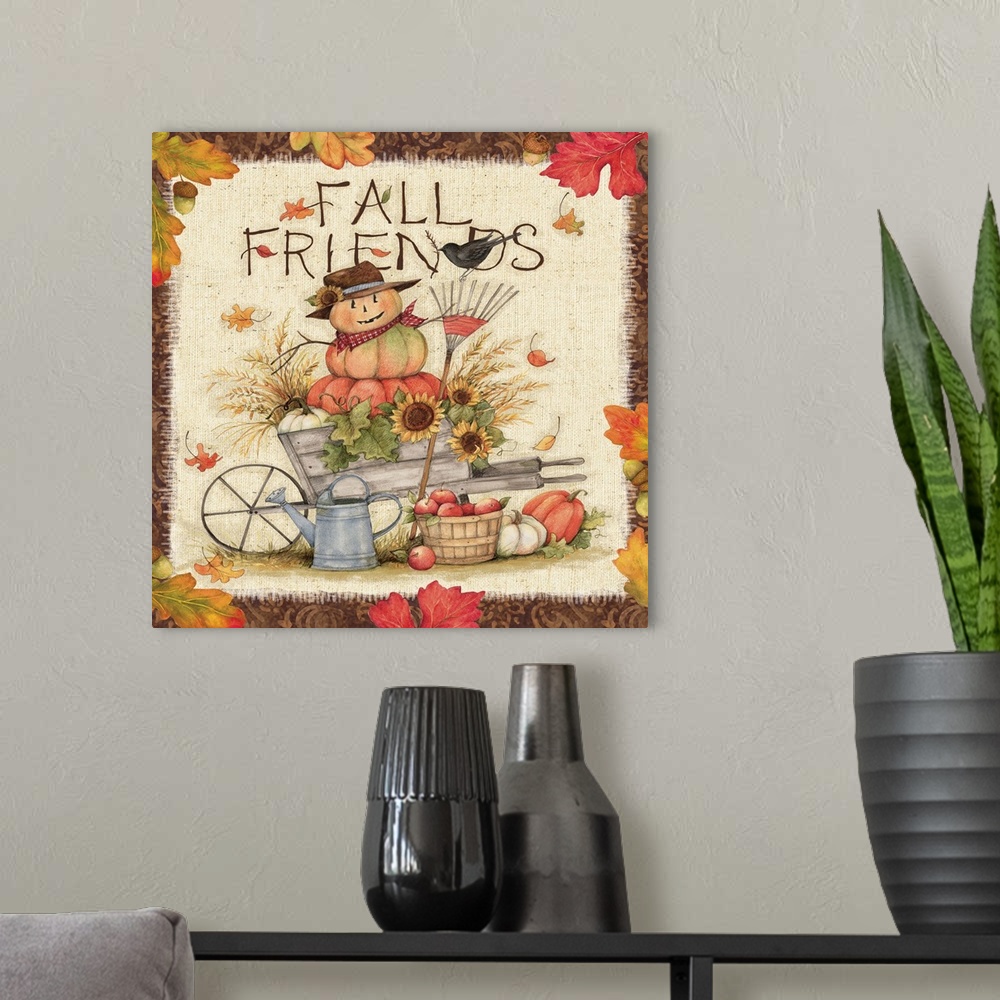 A modern room featuring Charming vignette of a harvest scarecrow!