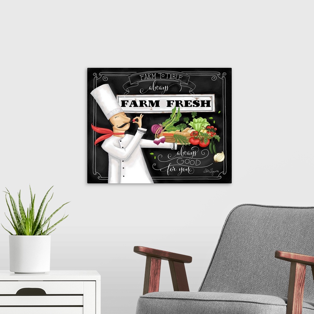 A modern room featuring A fun and whimsical chef celebrates the joy of fresh food!