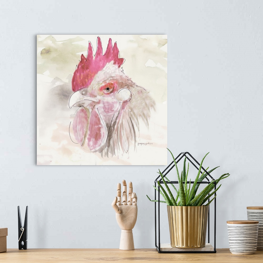A bohemian room featuring Pastel watercolor portrait of a chicken.