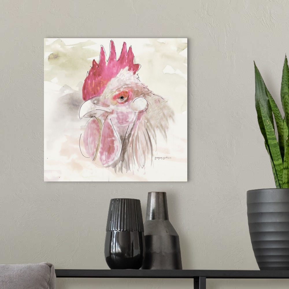 A modern room featuring Pastel watercolor portrait of a chicken.