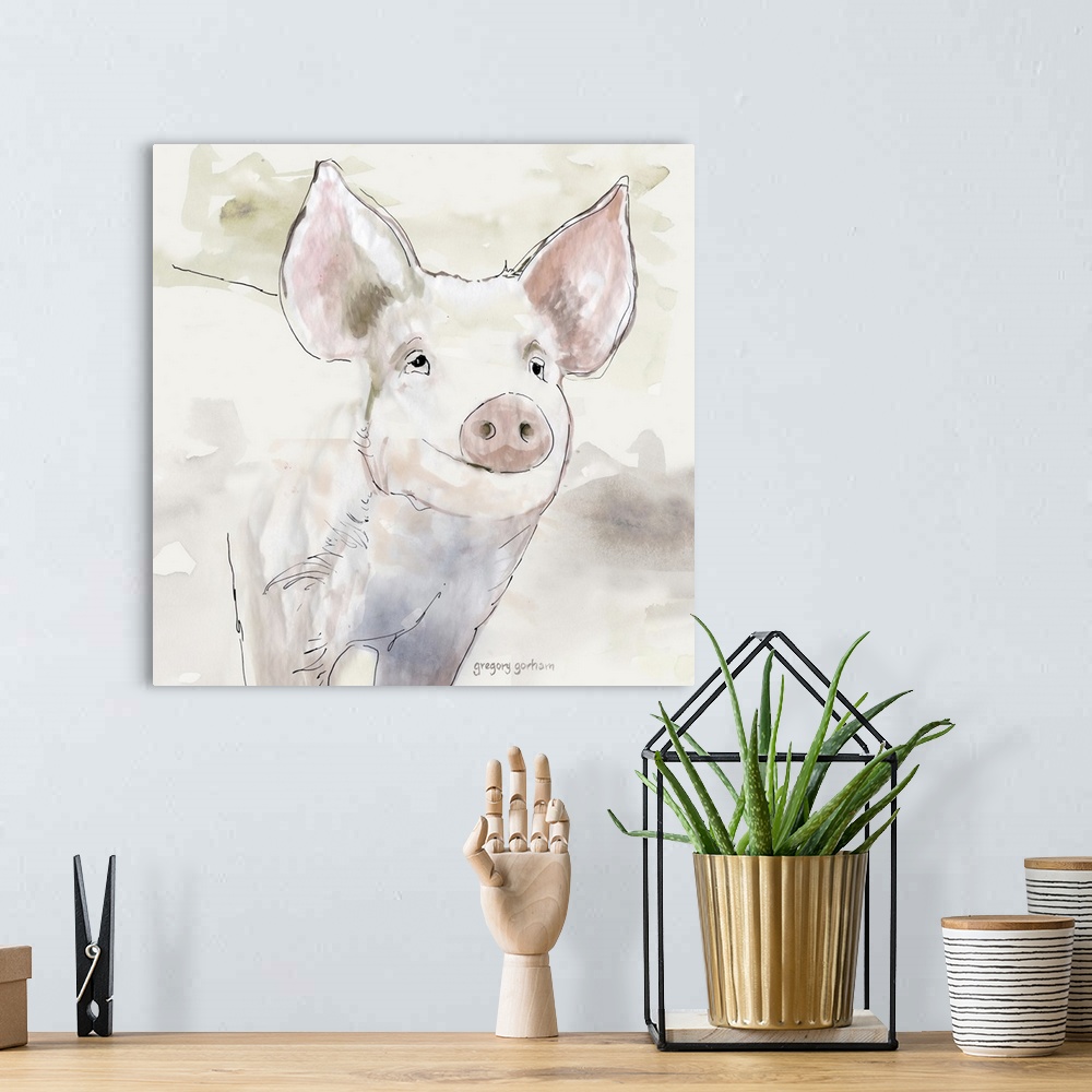 A bohemian room featuring Pastel watercolor portrait of a pig.