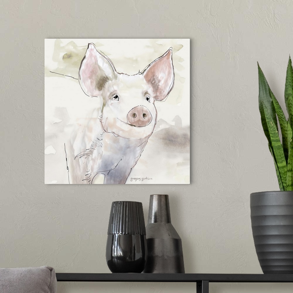 A modern room featuring Pastel watercolor portrait of a pig.
