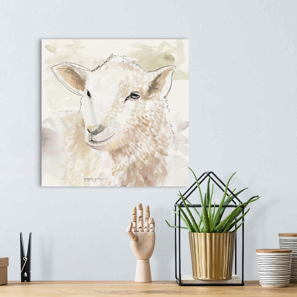 A bohemian room featuring Pastel watercolor portrait of a sheep.