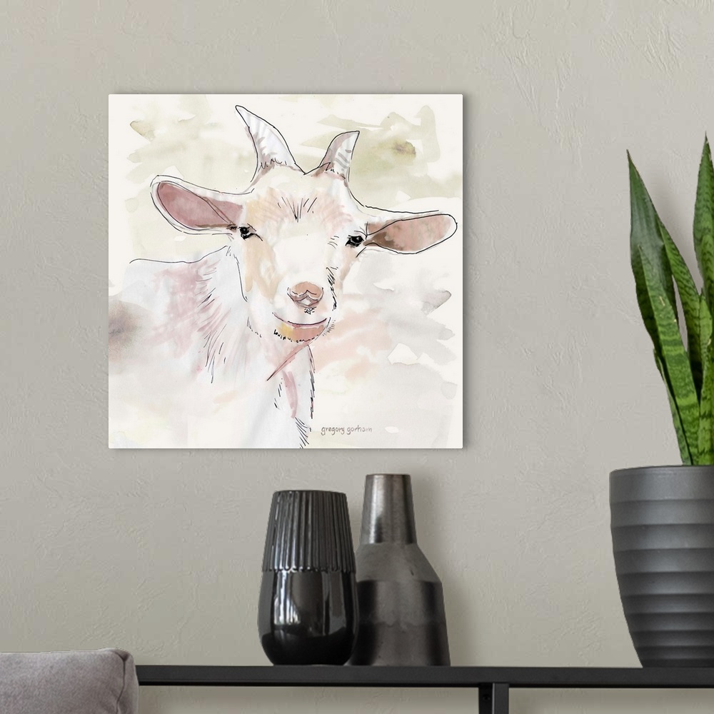 A modern room featuring Pastel watercolor portrait of a goat.