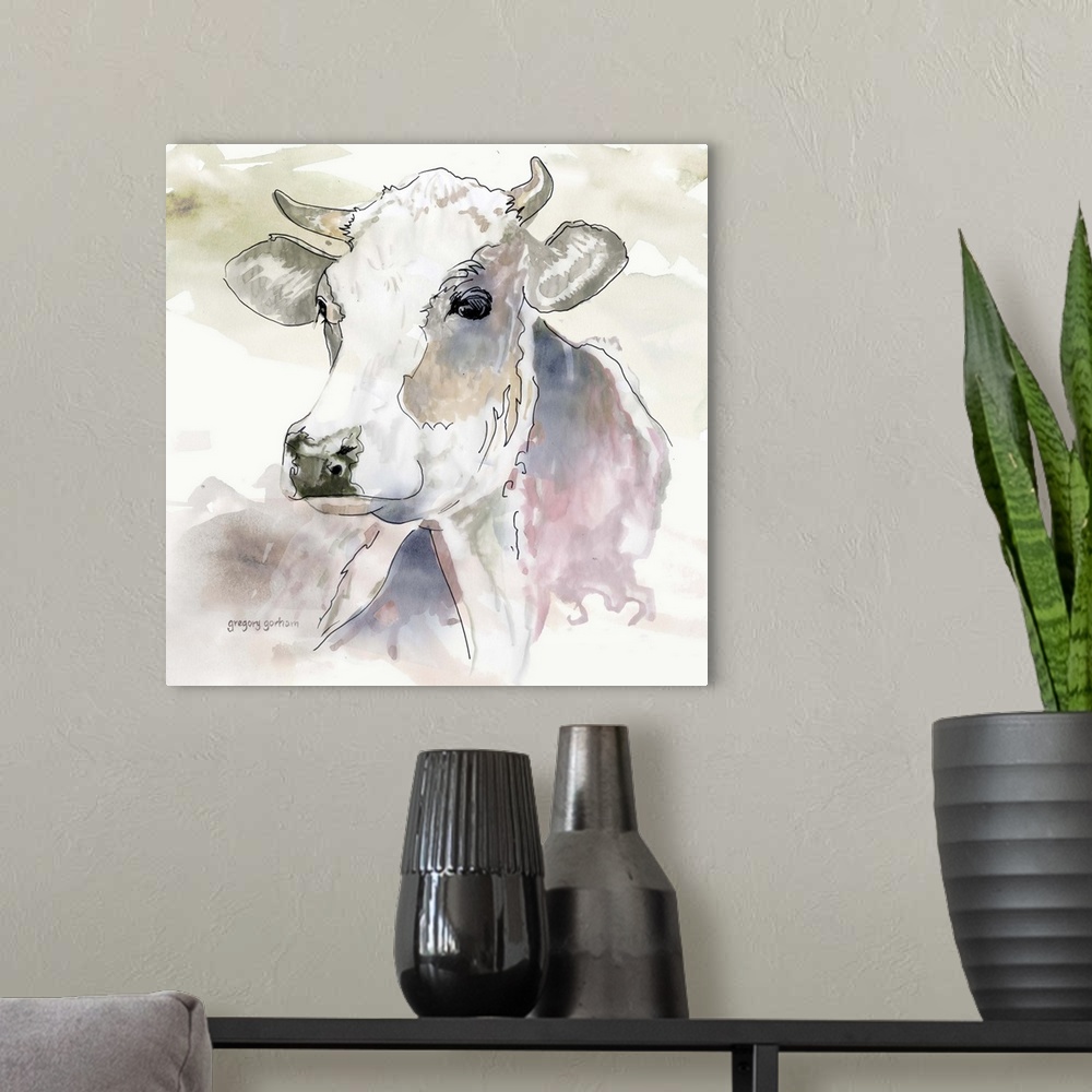 A modern room featuring Pastel watercolor portrait of a dairy cow.
