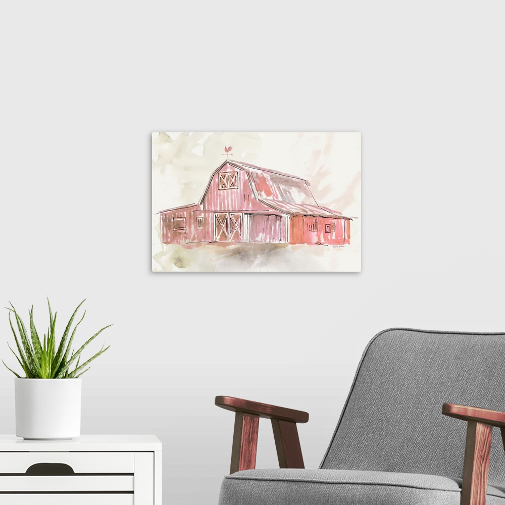 A modern room featuring Pastel watercolor portrait of a red barn.