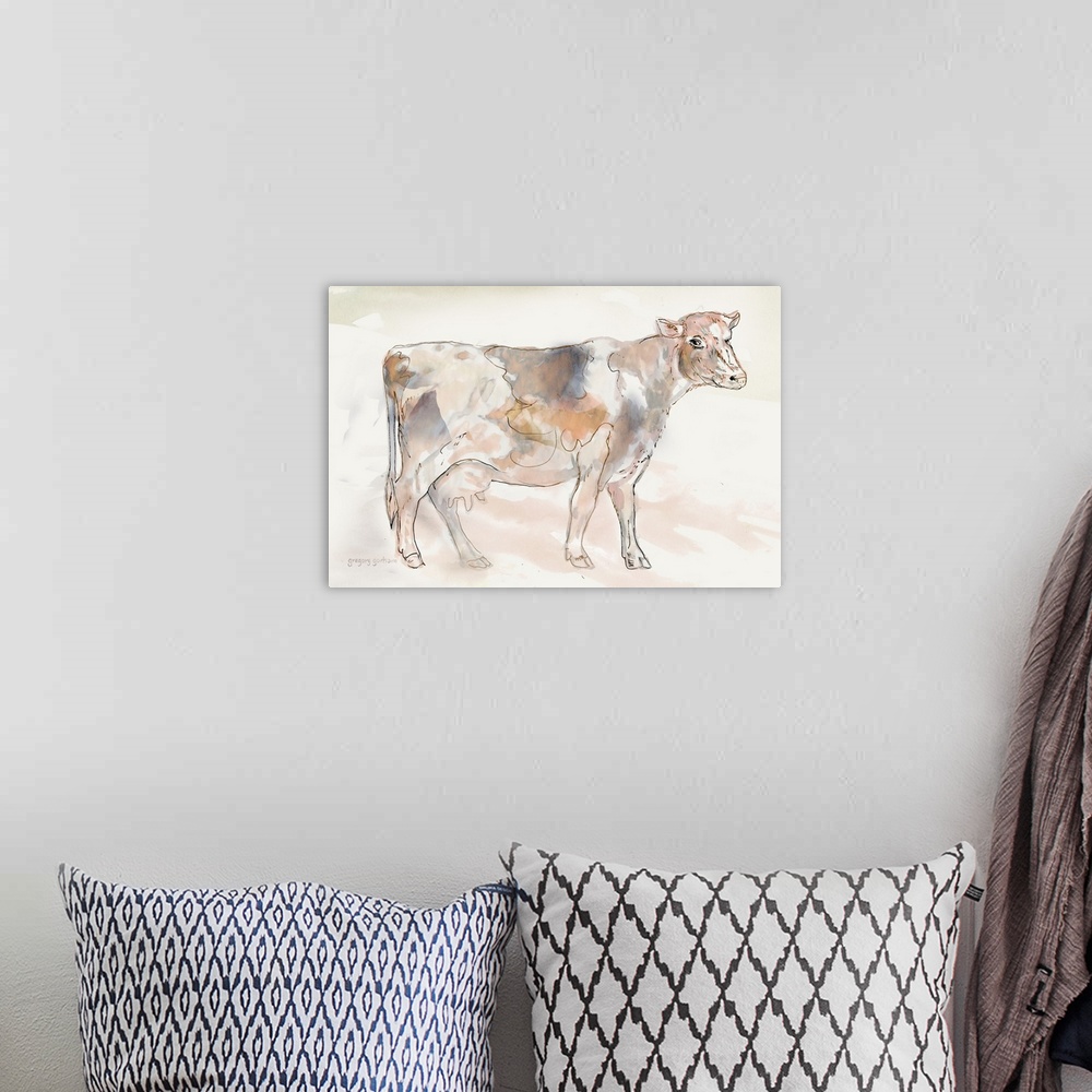 A bohemian room featuring Pastel watercolor portrait of a dairy cow.