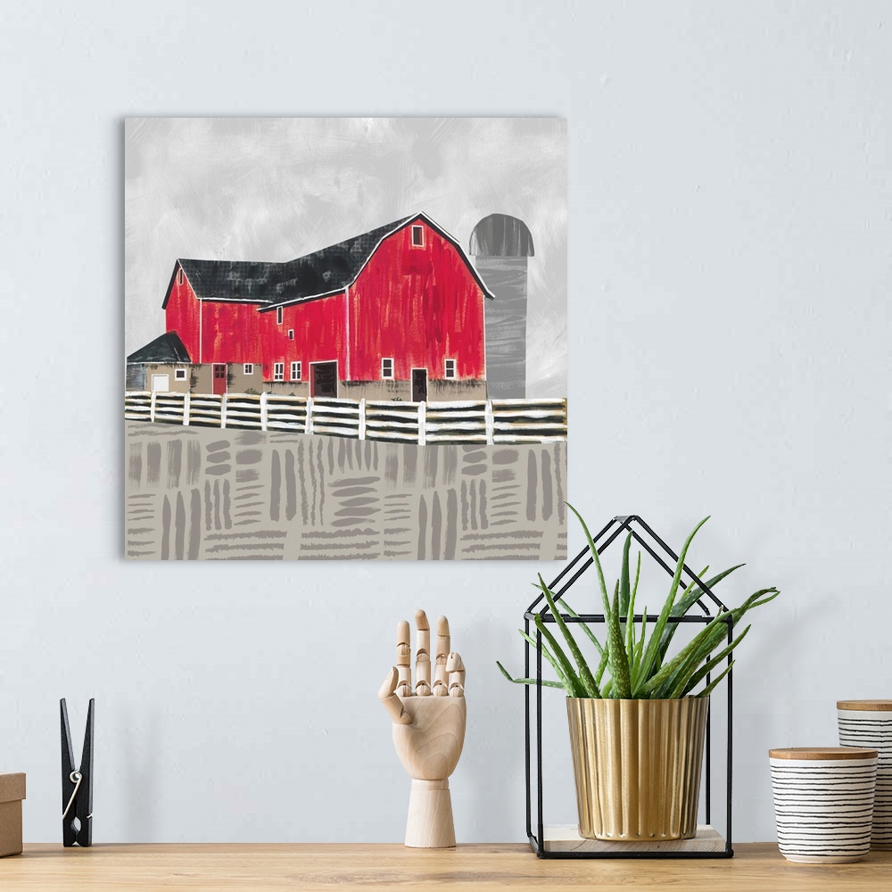 A bohemian room featuring Stylish and contemporay country art, featuring the icon red barn.
