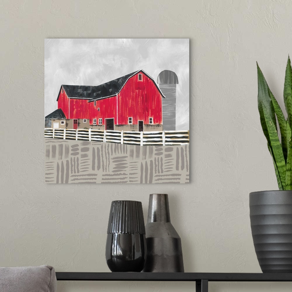 A modern room featuring Stylish and contemporay country art, featuring the icon red barn.