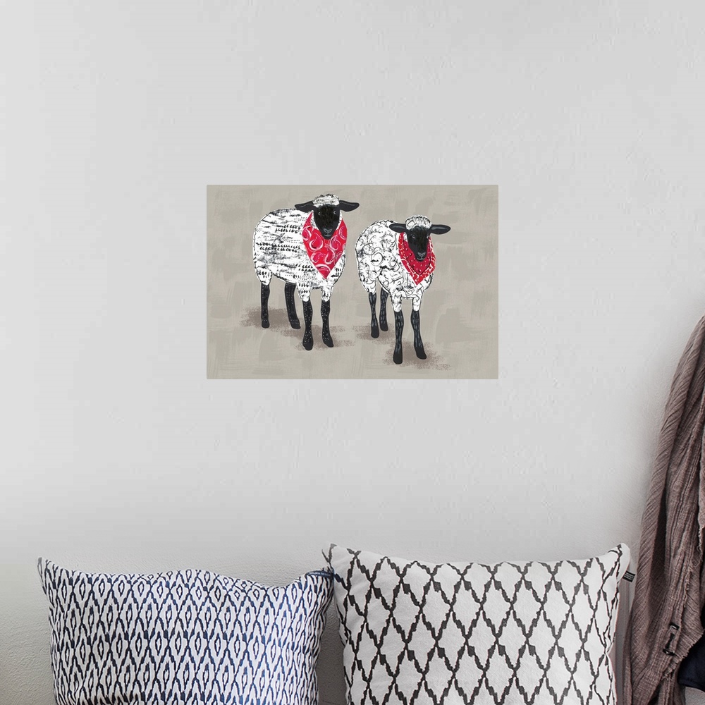 A bohemian room featuring Stylish and contemporay country art, accented with the classic red bandana.