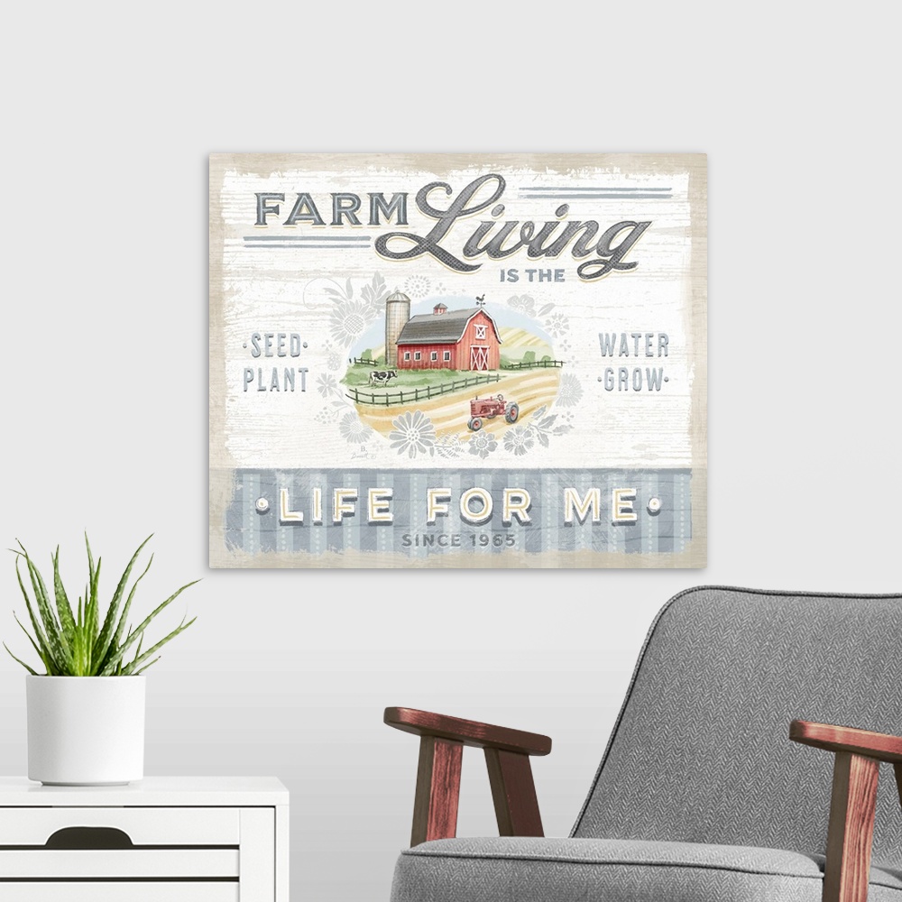 A modern room featuring Vintage farmhouse signage of a red barn evokes a sophisticated country style