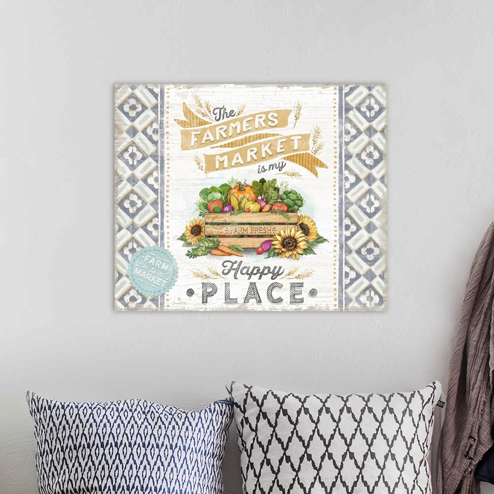 A bohemian room featuring Vintage Farmers Market signage evokes a sophisticated country style