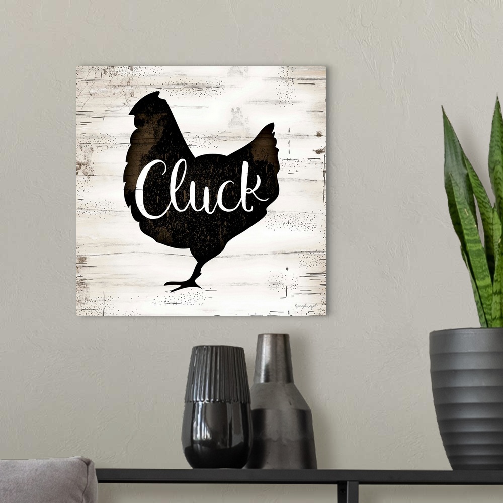 A modern room featuring Rustic art of the silhouette of a chicken with script text over it, on a background with an old w...