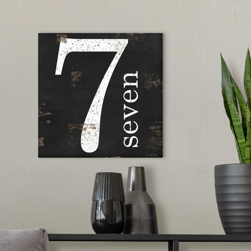 A modern room featuring Graphic art with the number seven bold and large in the center, and the word seven written smalle...