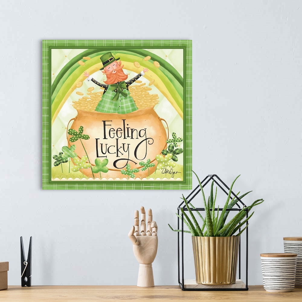 A bohemian room featuring Cute St. Patrick's Day artwork of a leprechaun in a pot of gold with lucky four-leaf clovers.
