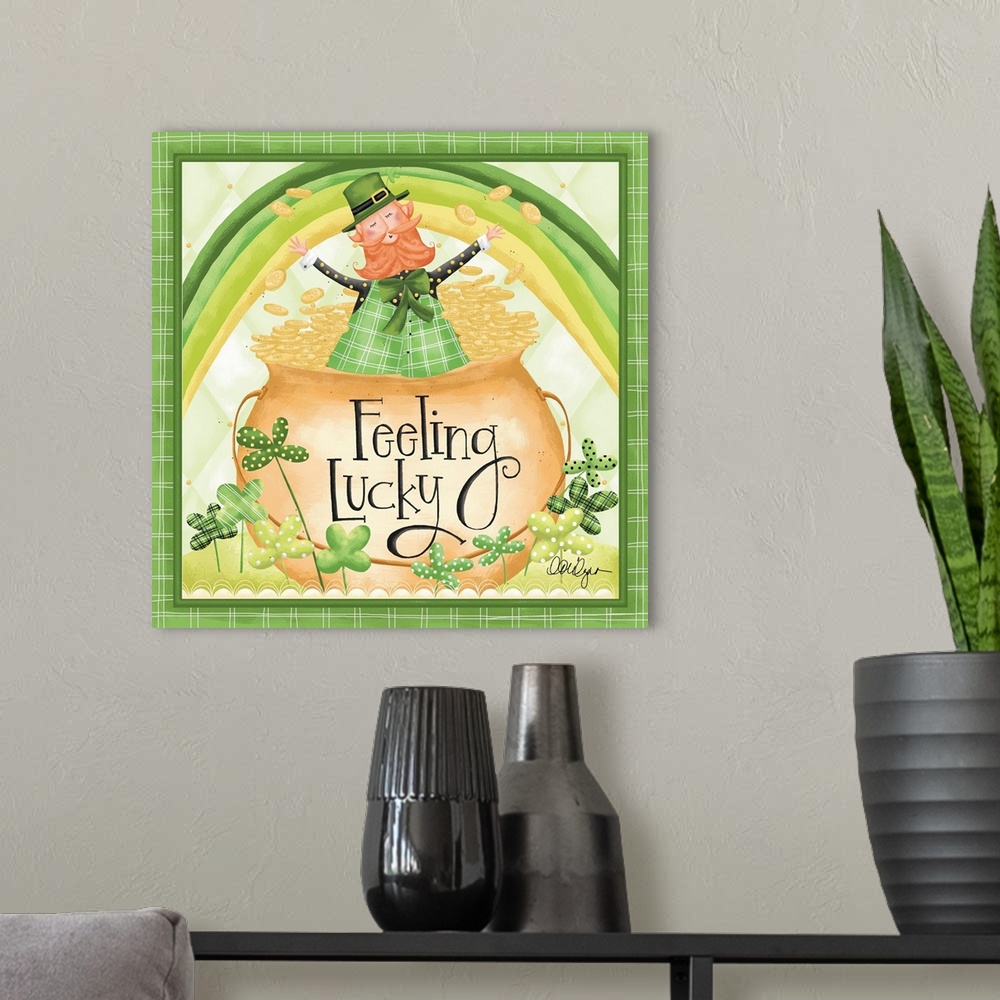 A modern room featuring Cute St. Patrick's Day artwork of a leprechaun in a pot of gold with lucky four-leaf clovers.