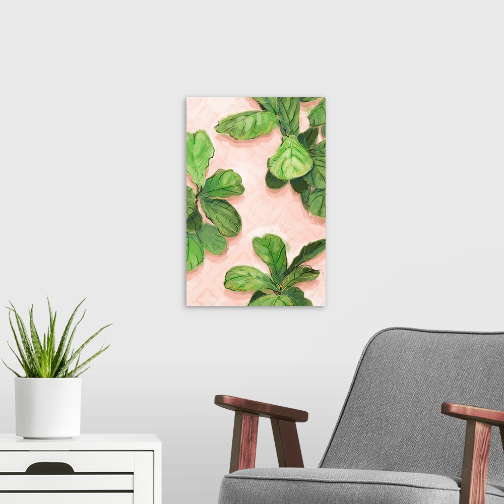 A modern room featuring This fiddle leaf image is all about nature and form.