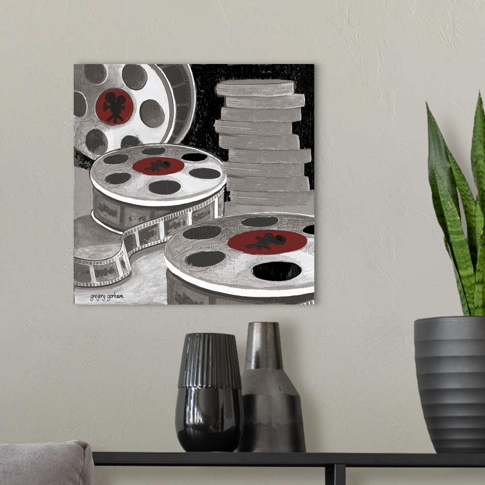 A modern room featuring A noir feel to this film motif gives it the perfect feel for den decor!