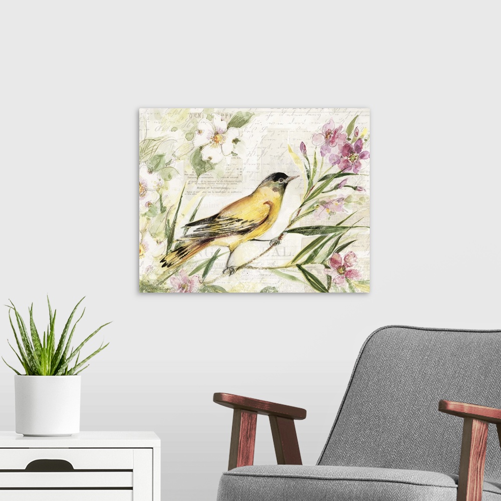 A modern room featuring Loose, sketchbook art treatment of the beautiful finch is lovely for any decor