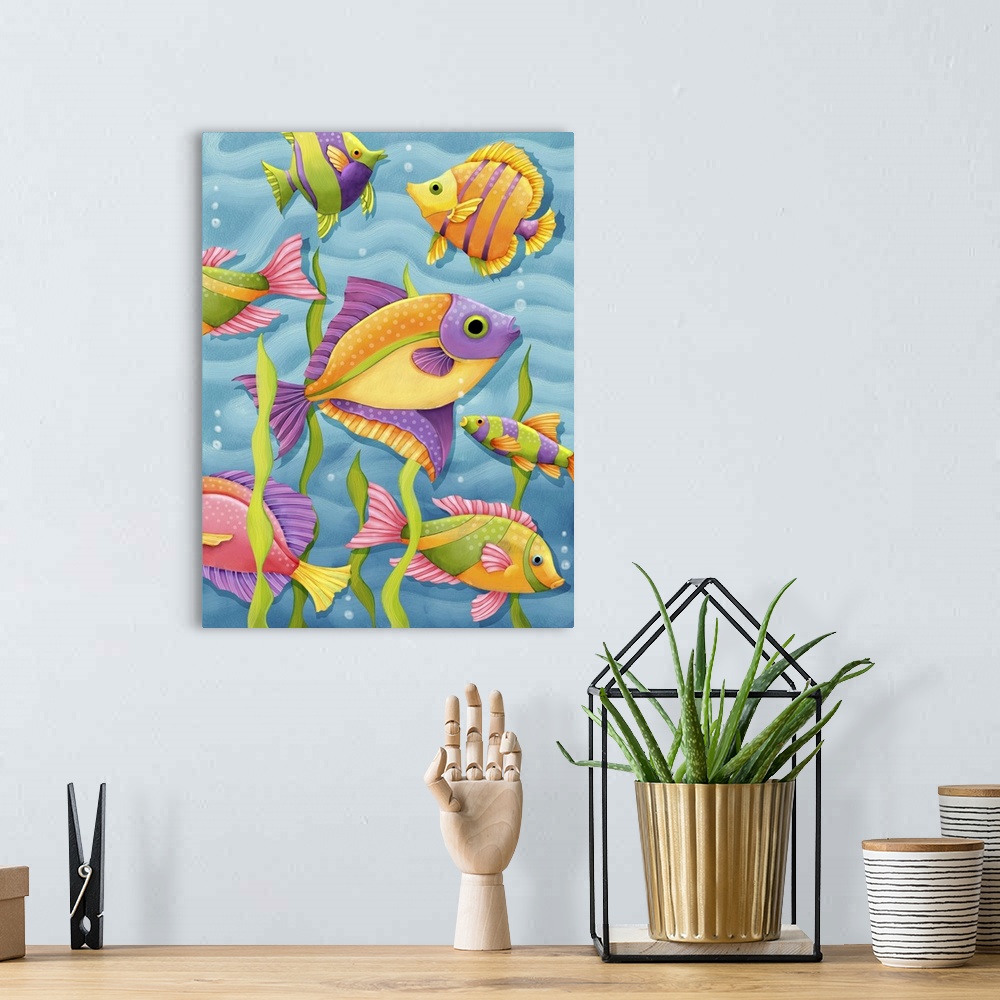 A bohemian room featuring Fun, colorful tropical fish art, great for kids room, bathrooms, cabanas, etc.